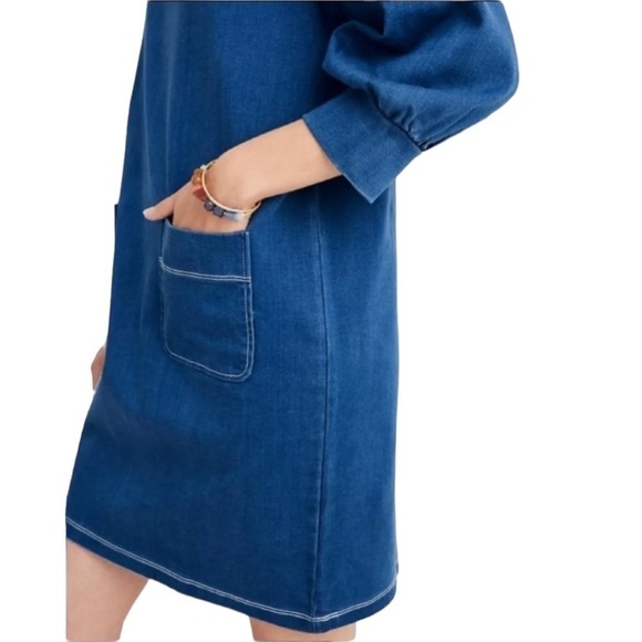 Madewell Denim Tunic Dress Sporty Pull Tie Mock Neck & Two Large Front Pockets - Picture 2 of 13